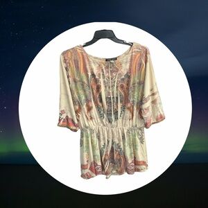 Design Works Multicolor Floral Paisley Peplum Blouse 3/4 Sleeves w Gems Women XL